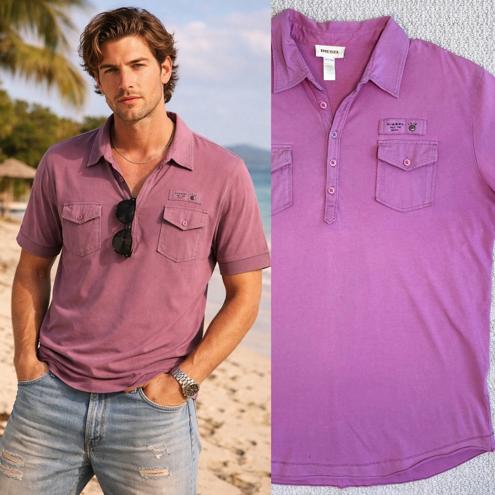 VTG Diesel Men's Purple Short Sleeve Collared Polo Shirt, Size XXL, Y2K 2000